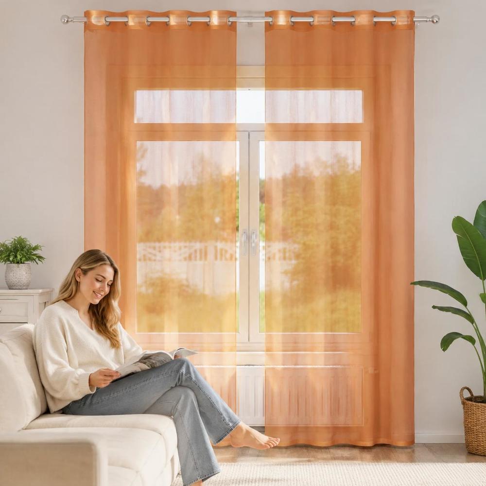 Image of 2 Panels Sheer Curtains, Polyester, Grommet Top, Soft Light Filtering Window Drapes, Terracotta, For Living Room Bedroom Balcony Apartment Decor