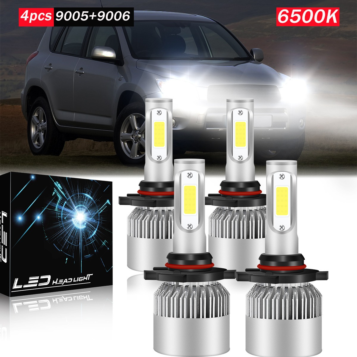 

4pcs Led Headlight Bulbs For Toyota Rav4 1998-2000/2006-2012, 9005 High Beam + 9006 Low Beam, Super Strong 6500k White Light, With Fan Cooling