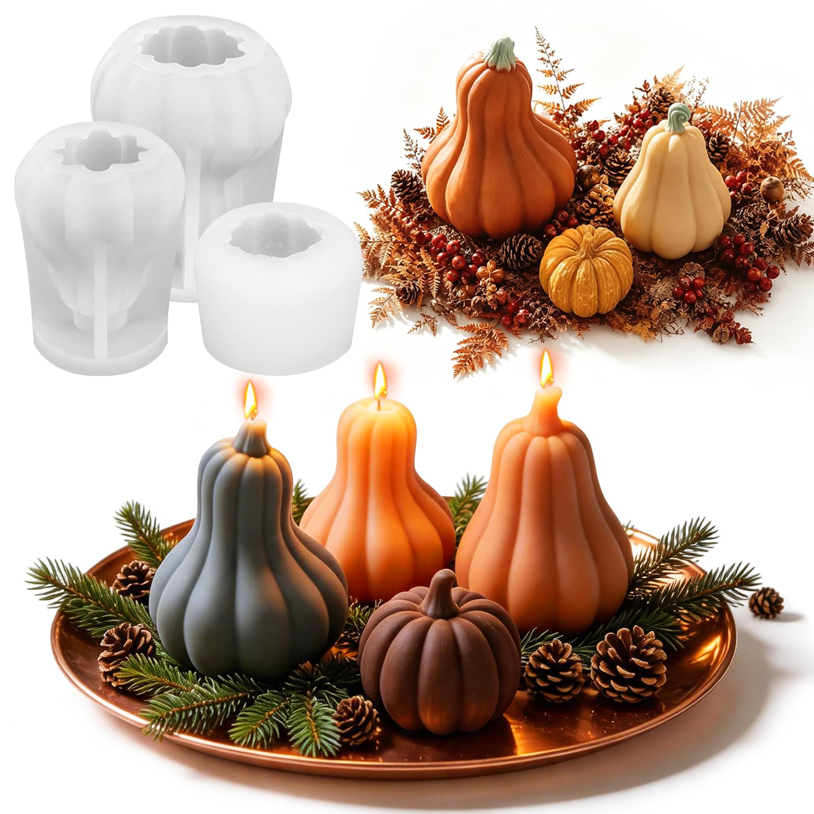 TEMU 3pcs 3d Pumpkin Silicone Candle Mould Set, Themed Mold For Handmade Candles, Soap And Epoxy Resin Casting, Suitable For Halloween, Thanksgiving