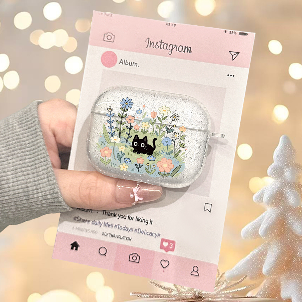 TEMU Designed For For Airpods 4, 3, Pro3, , And Transparent Glitter Earphone Cases, Featuring A Floral Pattern With A Little Black Cat