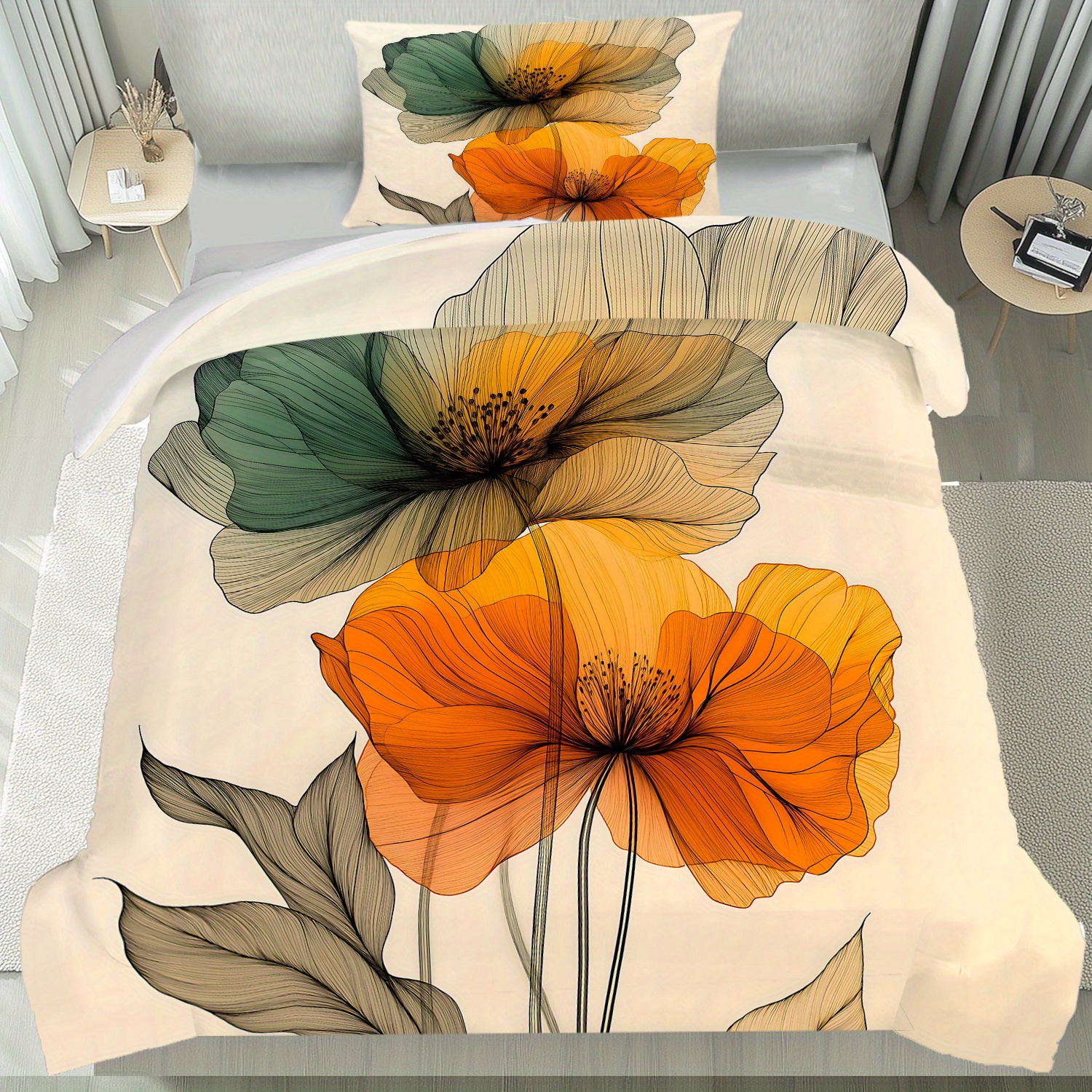E-shop 2/3-teiliges Bettwäsche-Set mit abstraktem, von Blumen inspiriertem Muster, Bettbezug-Set enthält einen Bettbezug zwei Kissenbezüge,