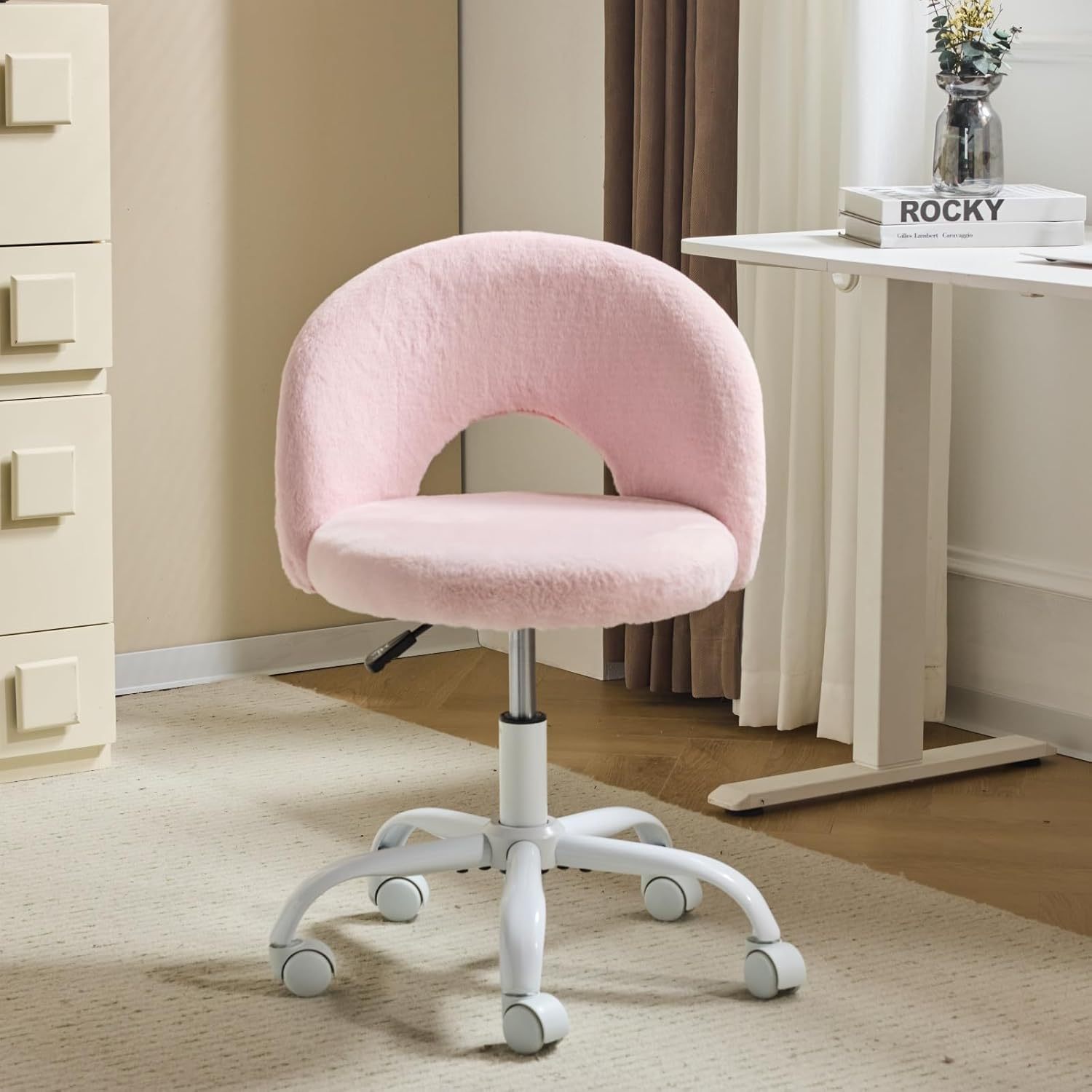 TEMU Small Size Living Room Lounge Chair With Faux Fur Cute Dressing Chair, Adjustable Height Armless Desk Chair, 360° Rotation And Comfortable
