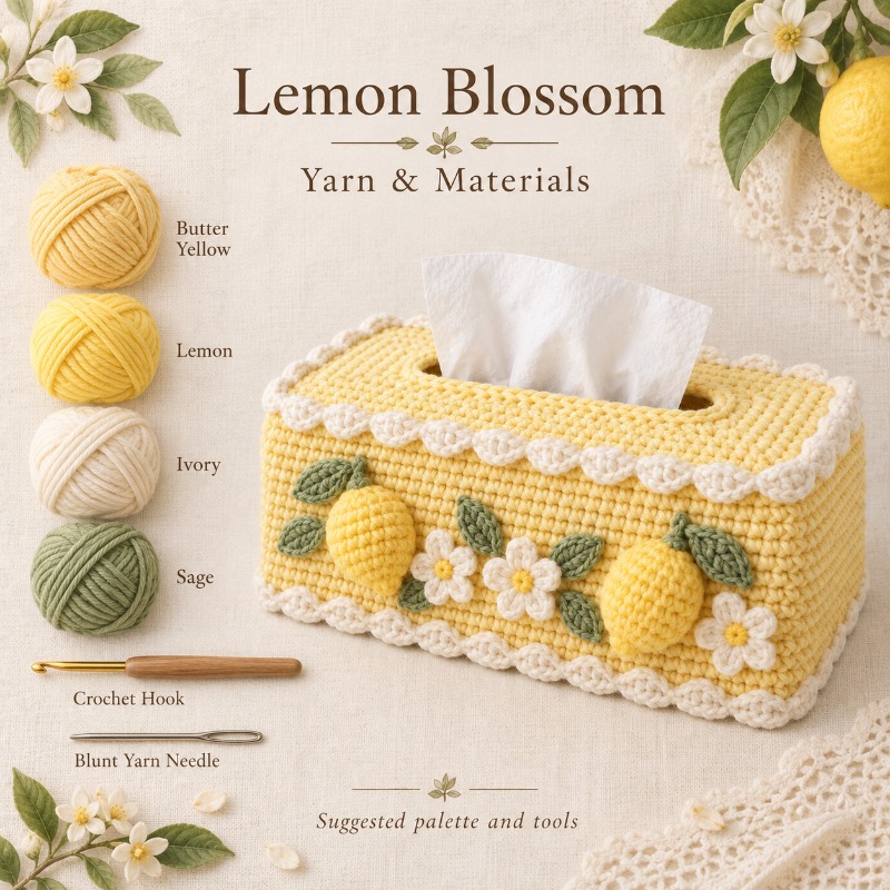 Image of Hand Crochet Creamy Yellow Wavy Lace Lemon Flower Tissue Box Kit, Adult Crochet Craft - Includes All Materials -by-step Photo Tutorial And Basic English Manual