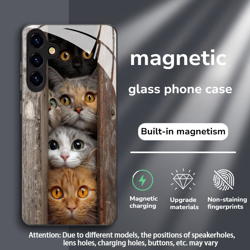TEMU Phone Case: Creative And Exquisite Cat-in-doorway Pattern Magnetic Tempered Glass Phone Case, Suitable For Galaxy