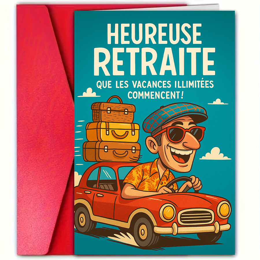 TEMU 1 carte de vœux amusante de retraite avec en français - Design " départ à " et " à de travail" - Invitation de fête de retraite sur le thème du