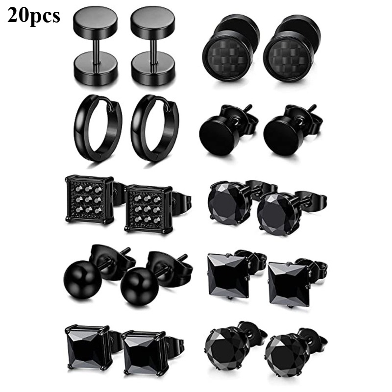 

20pcs- Black Synthetic Zirconia Titanium Steel Stud Earrings - Round Cake - Barbell Earrings -10 Style Set - Suitable For All -