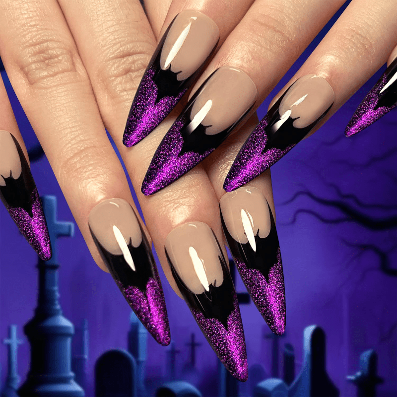 48pcs Bat Halloween Nail Pressing Long Almond Fake Nail Purple French Tip Acrylic Nail Glue Reusable Stick Suitable For Women Diy Death Day Nail Art, , Festive Nails, Gothic Nail Design, Spooky Nails