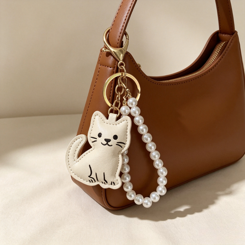TEMU Llavero de cuero de PU para mujer con gato sonriente de dibujos animados y cadena de perlas de , adorno para llave de bolso, mochila o coche a ,