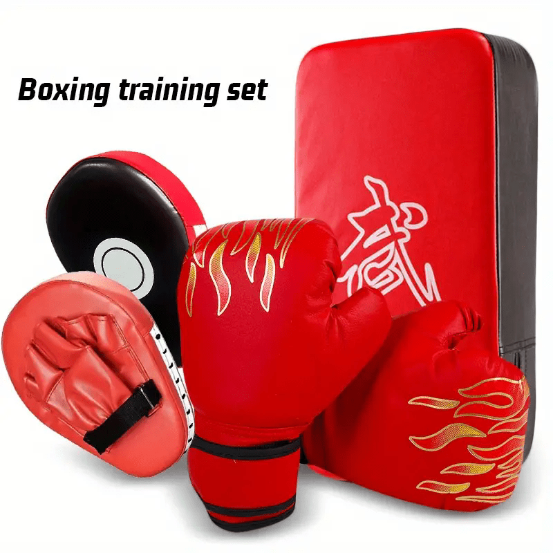 YOBENK4 4pcs Boxing Training Set with Punching Bag, Red/Black Flame Gloves,  Hand Targets Heavy-Duty PU Leather Martial Arts Equipment for s &,