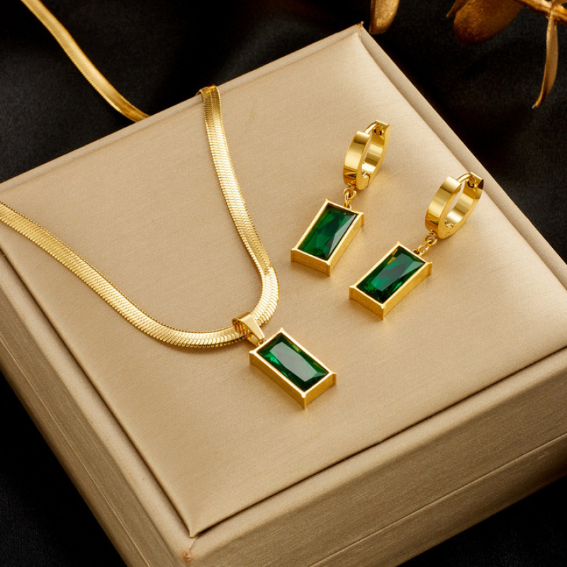E-shop 3-teiliges Vintage Boho Schmuckset – 18K vergoldeter Edelstahl, grüne Halskette & Ohrringe, hypoallergen, bohemian für Hochzeit, Party, Urlaub &