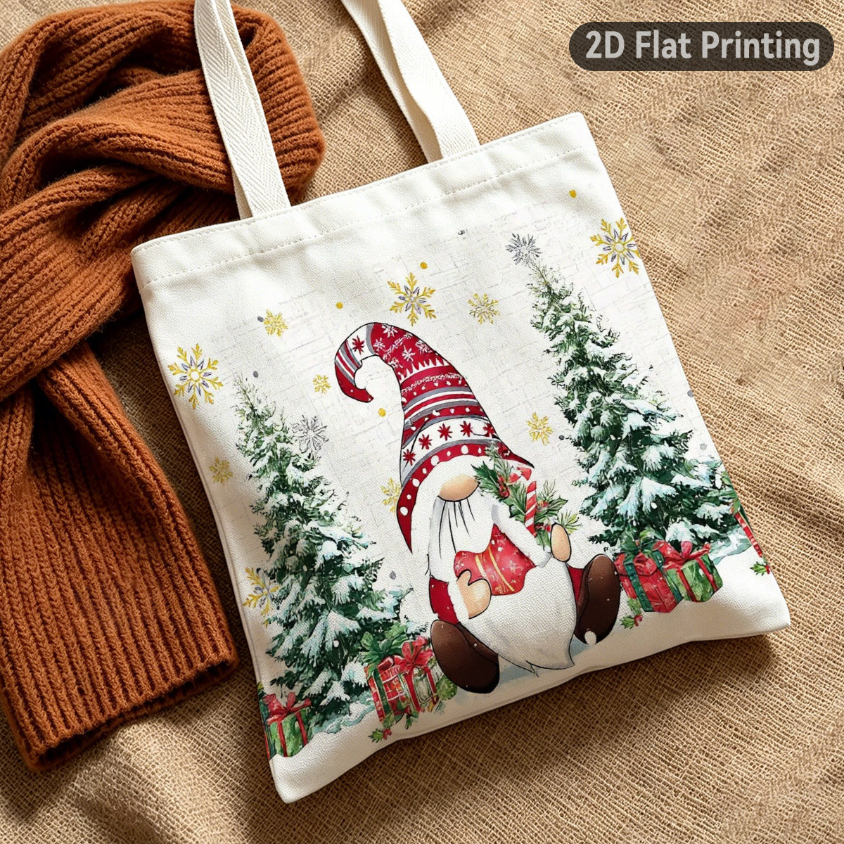 TEMU 2d Flat 1pc Cute Christmas Gnome Durable Tote Bag, Christmas Print, Duplex Prints Festive Gnome With Trees, Ideal For Grocery Shopping, Holiday
