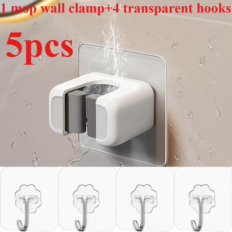 TEMU Juego de 5 piezas de soporte de pared para trapeador y escoba sin taladro - Clips de almacenamiento de plástico resistente para trapeador y