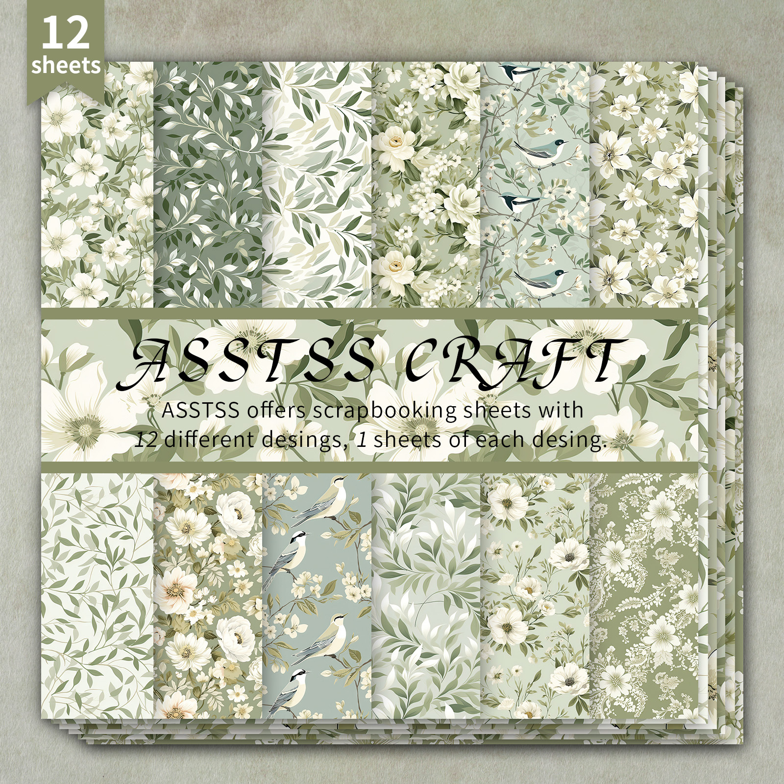 TEMU 12-sheet Asstss 6*6-inch Scrapbooking Paper Pad, Country Sage Green Floral Backing Paper Supplies, Heavyweight Cardstock For Journaling, Collage