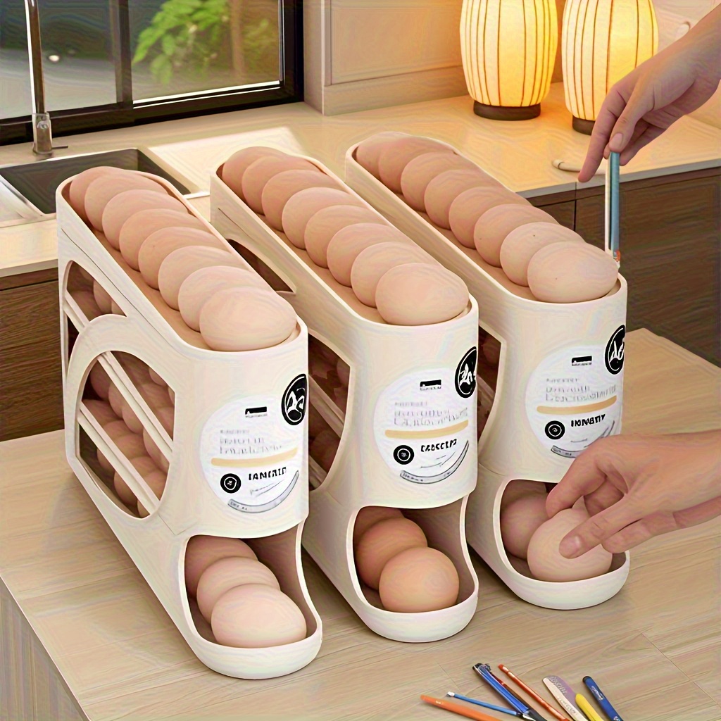 4-Tier Rolling Egg Holder - Space-Saving Side Door Design, Holds 30 Eggs, Smooth Glossy Finish, Convenient Handle | Suitable for Kitchen and Fridge Storage | Modern Kitchen Accessory | Durable Plastic Material