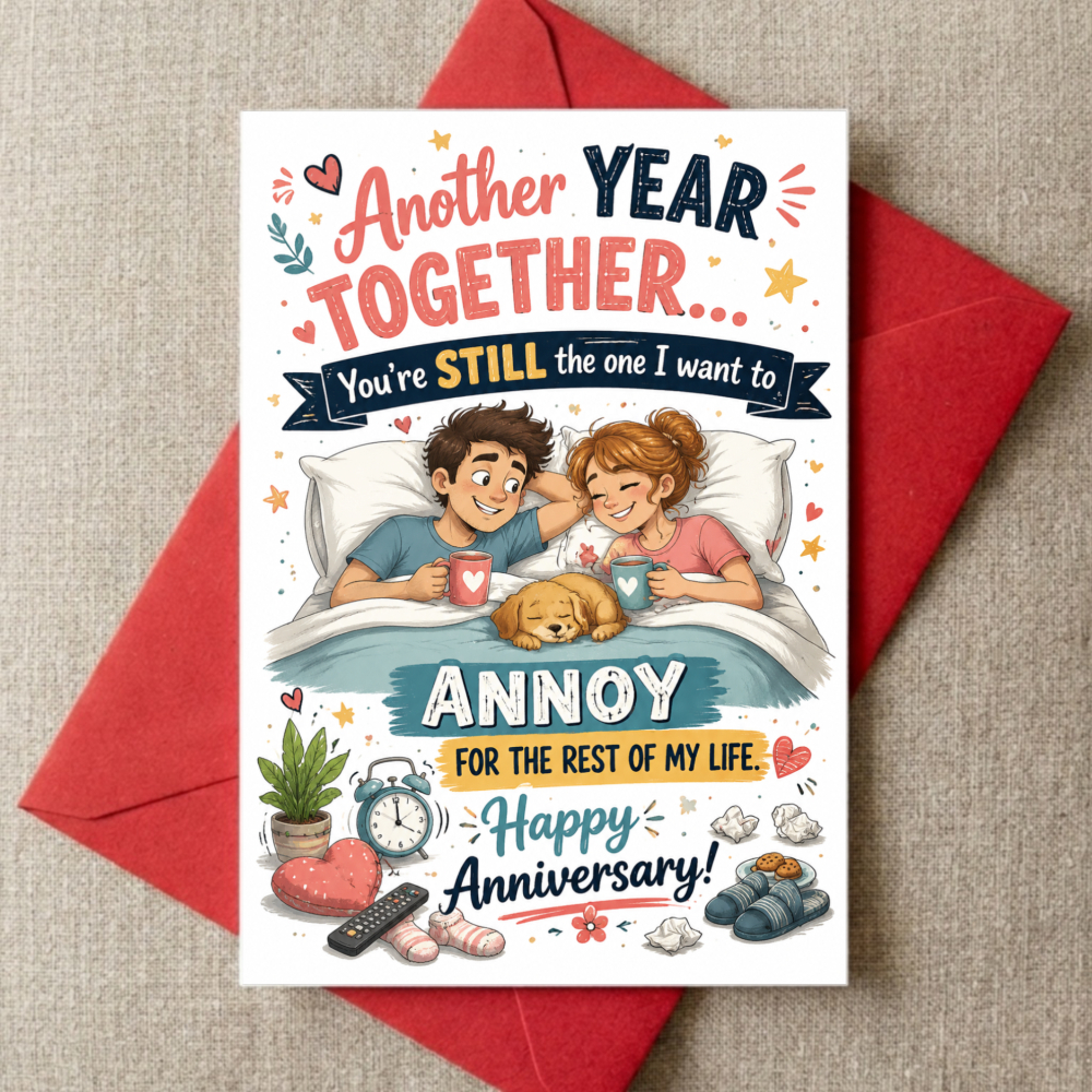 Anniversary Card with Couple In Bed And Dog Happy Anniversary Message for Spouse Partner Friend Wedding Celebration Birthday Gift