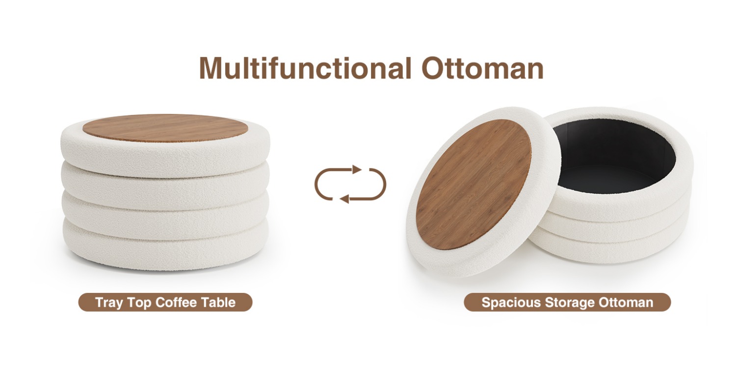 30 Inch Round Ottoman Coffee Table with Storage & Sherpa Top - Large Multi-Functional Modern Footrest Suitable for Couch, Cream White Frame/Plywood Base Furniture for Living Room, Space-Saving Tray Table for Small Spaces