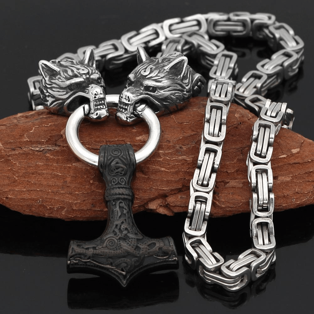 Men's Vintage Wolf Head Nordic Hammer Pendant Necklace
