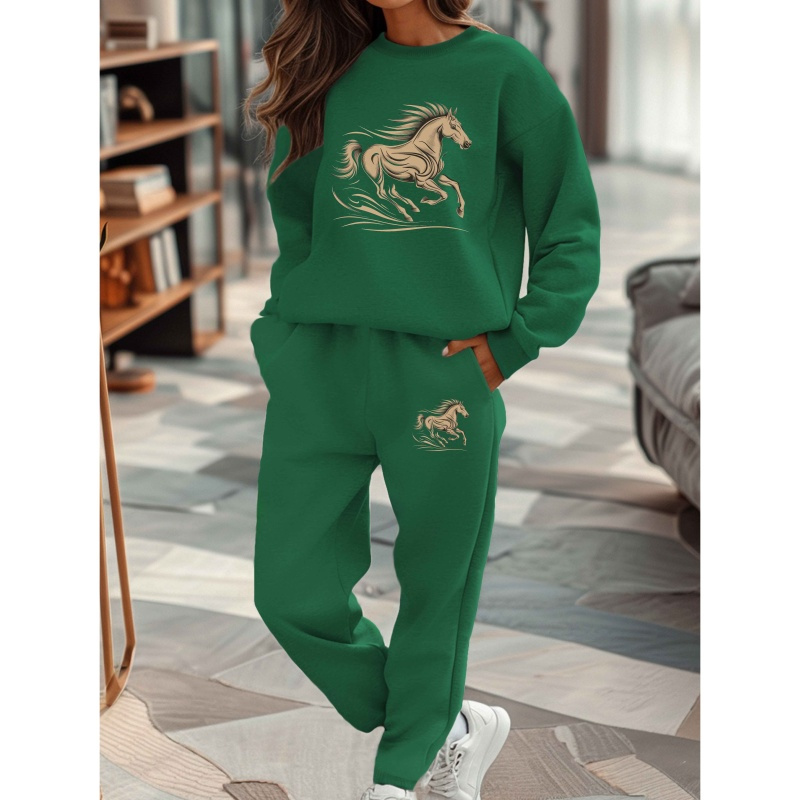 

Ensemble Sweatshirt et Joggers pour Femme à Imprimé Cheval Chic - Polyester Confortable, Col Rond, Lavable en Machine - pour /Hiver