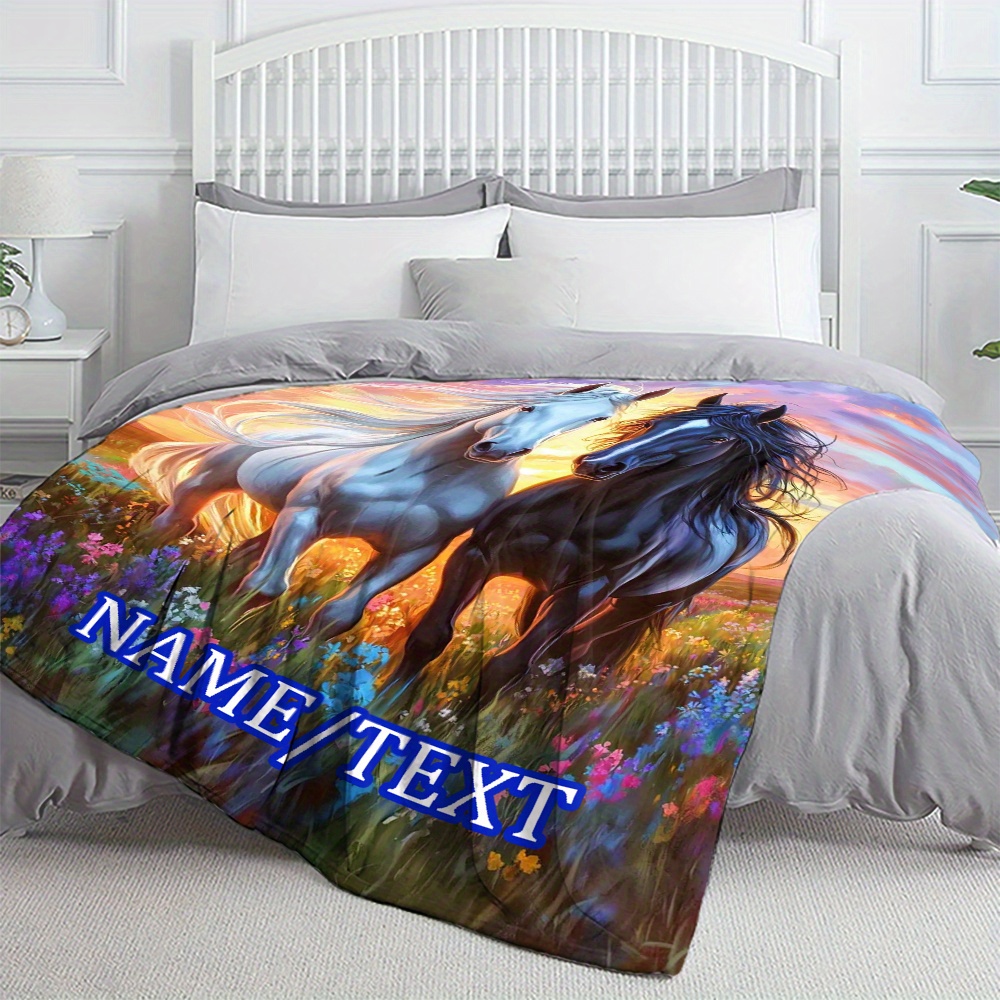 TEMU Couverture Personnalisée 1pc avec Motif Cheval et Nom - Imprimé HD en Flanelle Légère pour Canapé, Lit, Voyage, Salon, Bureau, Canapé et Lit -