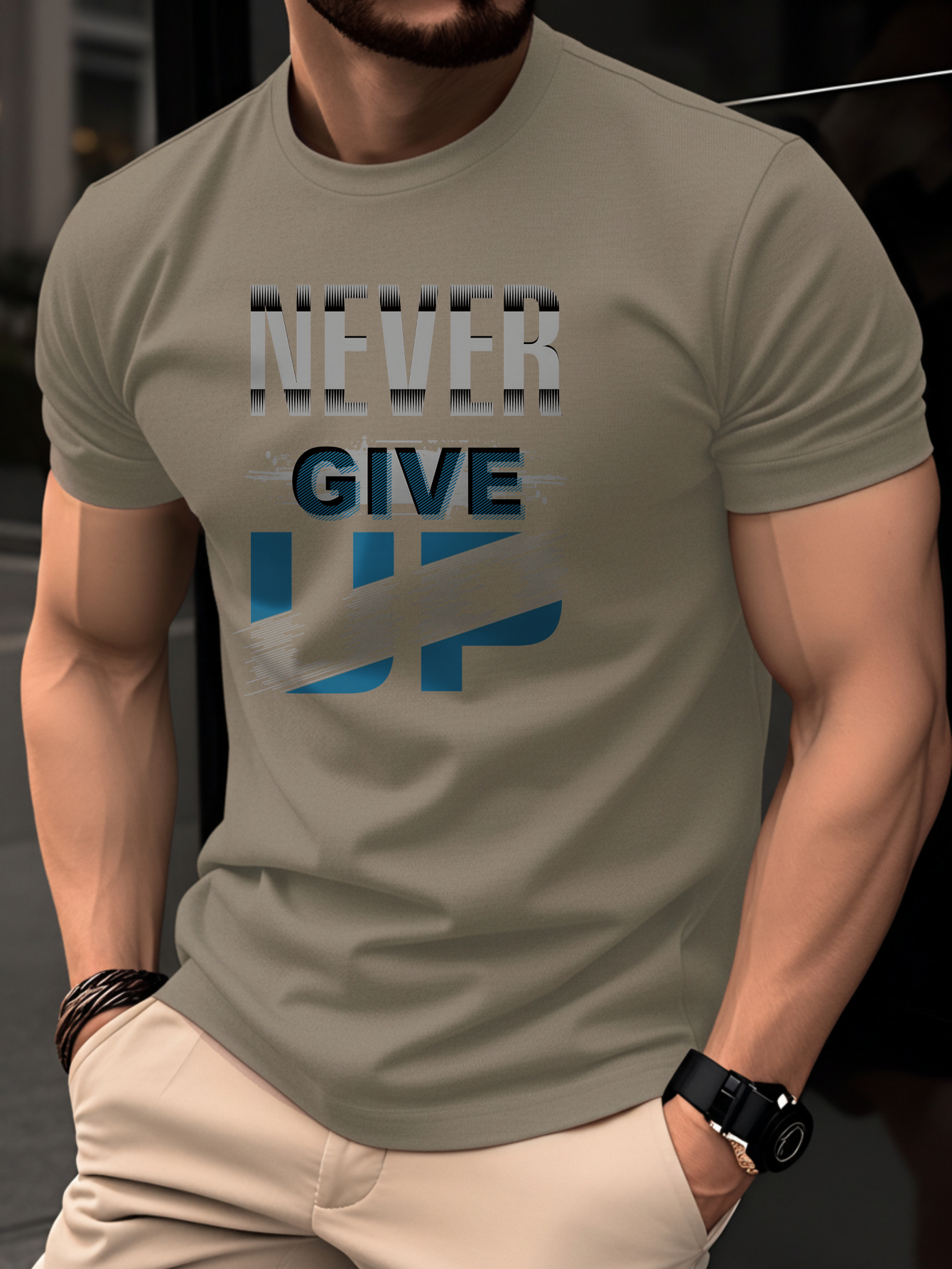 100% Cotton Men's T-Shirt, Summer Short Sleeve Thin Top, Trendy Fashion Slim Fit Youth Casual Versatile Daily Commute Sports Fitness NEVER GIVE UP English Print Letter Pattern