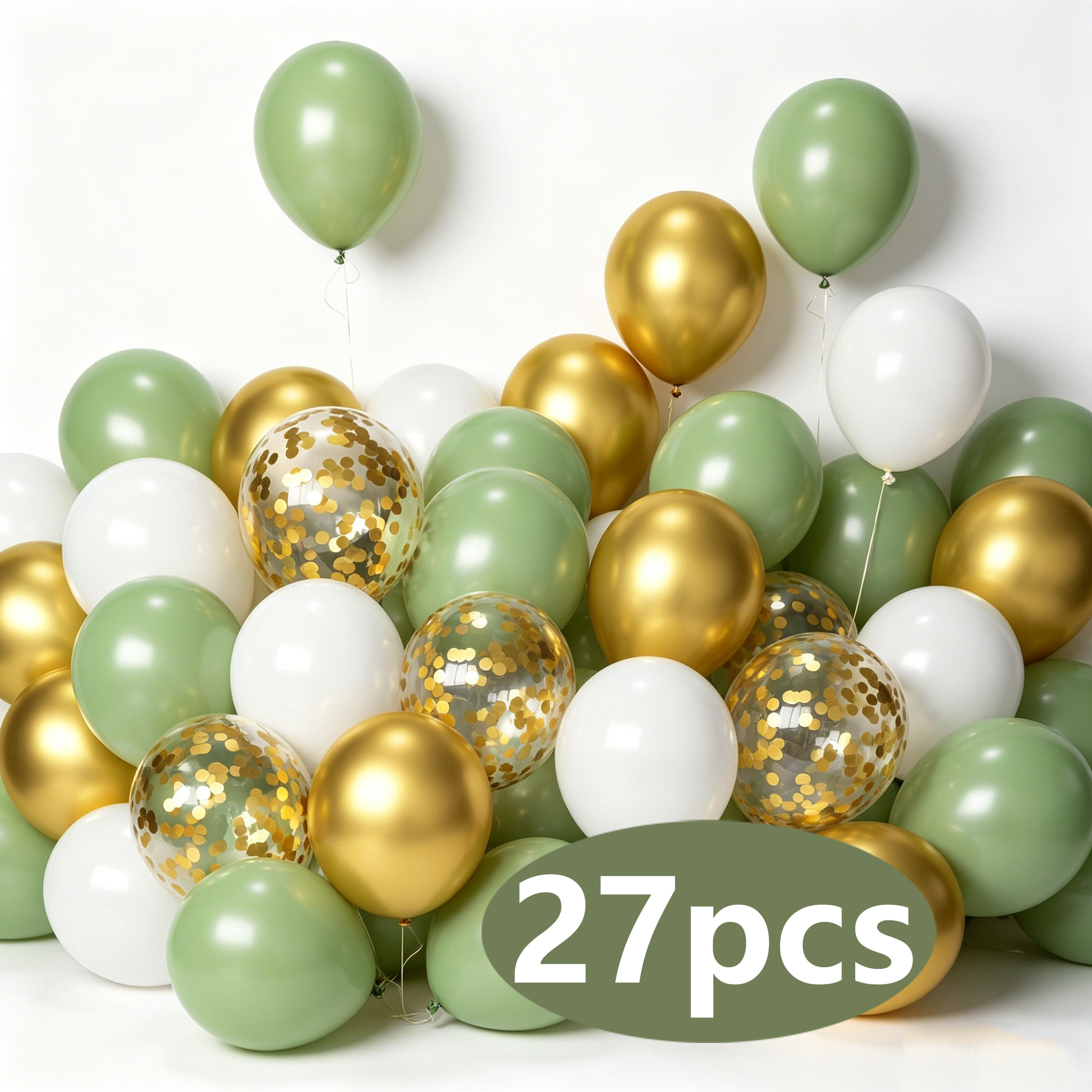 Image of 27pcs Green White And Golden Balloons, 12/10inch Green White And Balloons, For Jungle Themed Party, Birthday Party Decoration Supplies, Back To , Mother's Day, Festival Photo Background Decorations