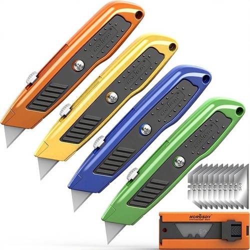 4 pack utility knife box cutter sk5 heavy duty aluminum retractable box cutter cardboard boxes and cartons 10