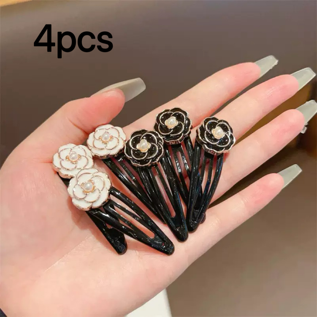 set 4 womens floral hair clips elegant black white flower 