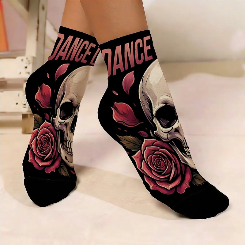 TEMU 1pair Women's Thin Short Socks Skull Rose Pattern Red Roses And White Skulls Full Of Dark Aesthetic Pattern Versatile Street Suitable For Casual