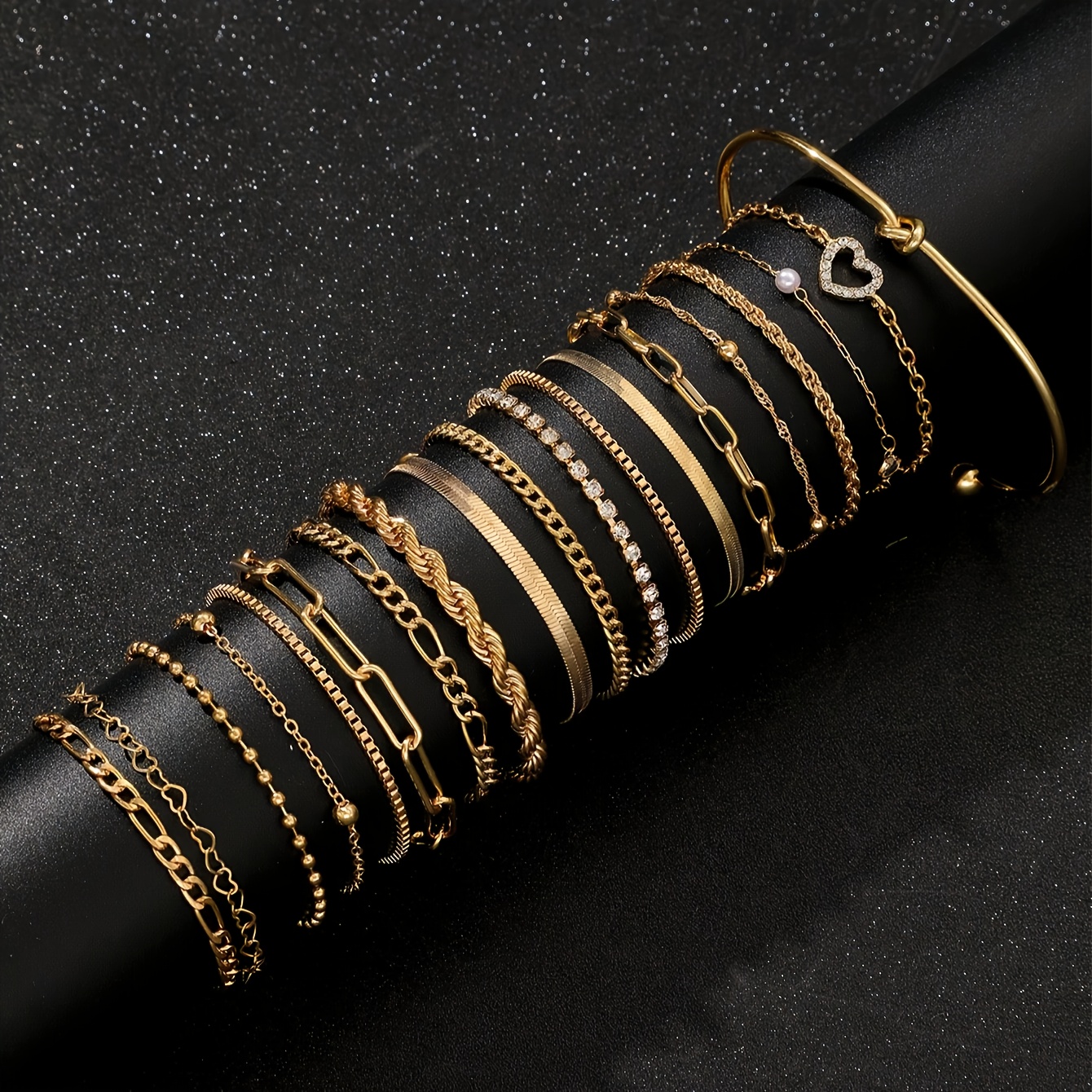 E-shop 19-teiliges stapelbares Armband-Set für Damen, Vintage, schlicht, glänzend, Strass, geometrisch, Schmetterling, Herz, gedrehte Kette,
