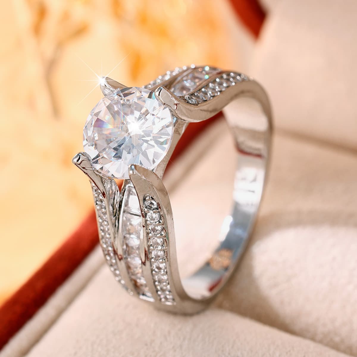 Unisex Copper Double-Layer Staggered Band Ring with Zirconia