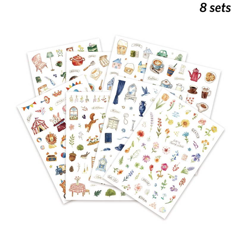 TEMU Lot de 8 autocollants vintage aquarelle sur domestique, autocollants de décoration d'intérieur peints à représentant de petits objets, fleurs,