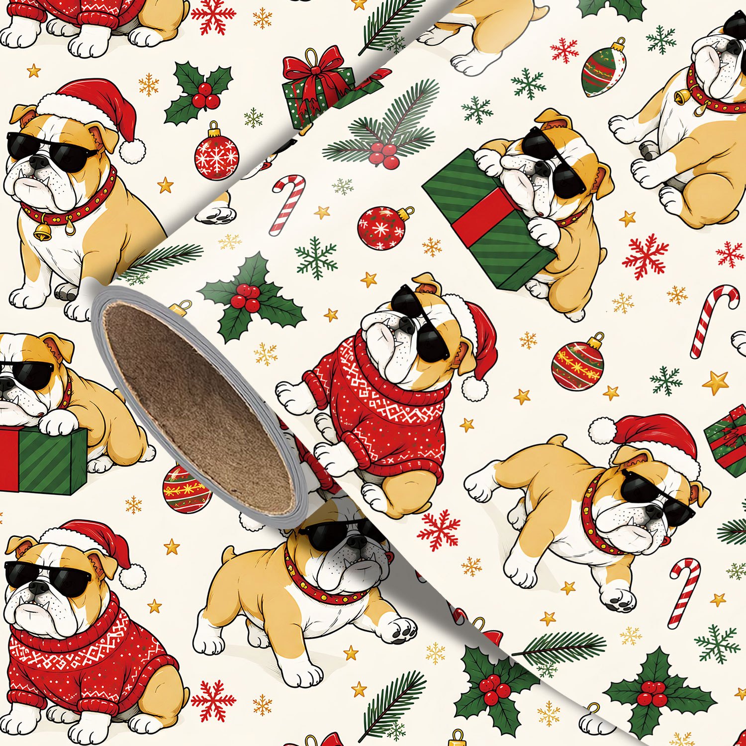 TEMU Rouleau de pour chien de Noël - 17.7 X 118 pouces, papier d'emballage cadeau de Noël amusant avec des bulldogs, des chapeaux de Père Noël, des
