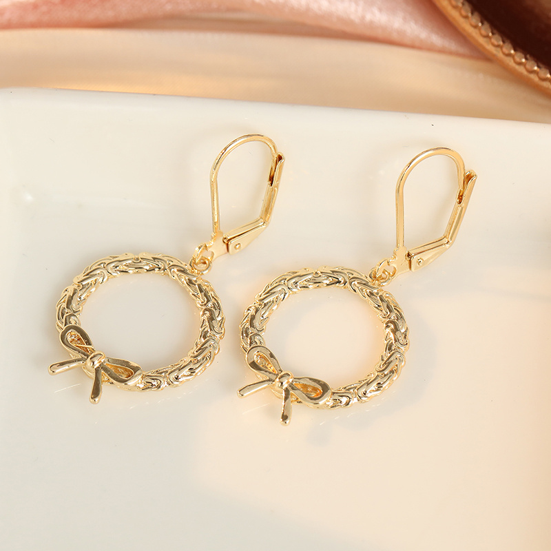 Vintage Circular Bow Flower Wreath Dangle Earrings, Handmade