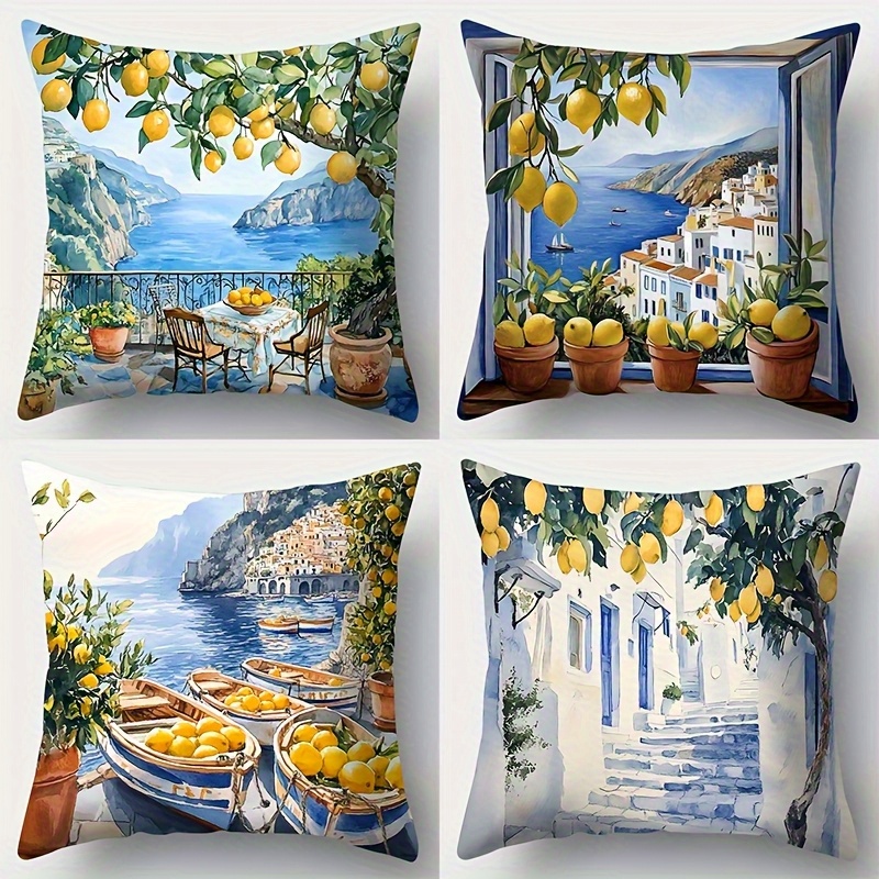 TEMU 4pcs Copertura di cuscino stampata con motivo di costruzione e limone, morbida e confortevole, chiusura con cerniera, molto adatta per letto del