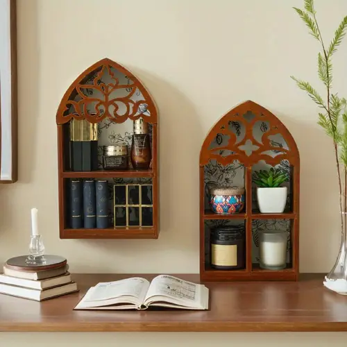 vintage wooden multi tier wall shelf display rack with intricate carved design crystals decor and organizing essentials in living room bedroom or study decorative wall rack vintage style shelf wooden construction shelves for wall