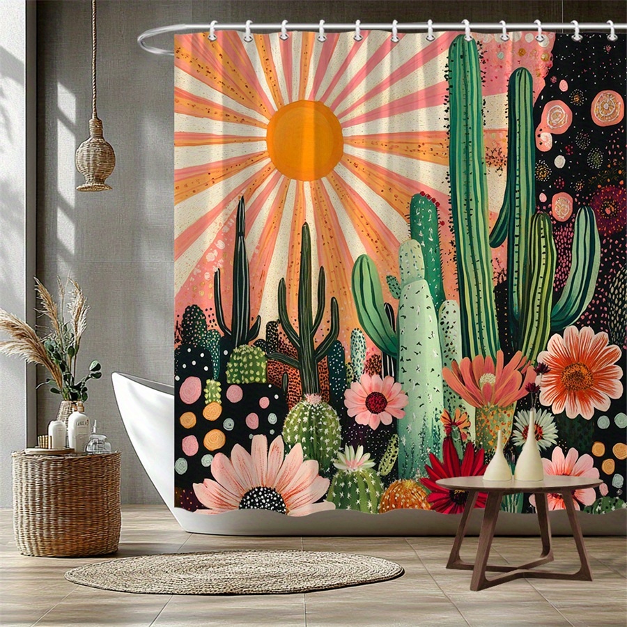 TEMU 1pc Desert Landscape Shower Curtain Vibrant Sun Abstract 1960s Pop Shower Curtain Home Bathroom Decor Moving Gift 70.86x70.86in 12 Hooks