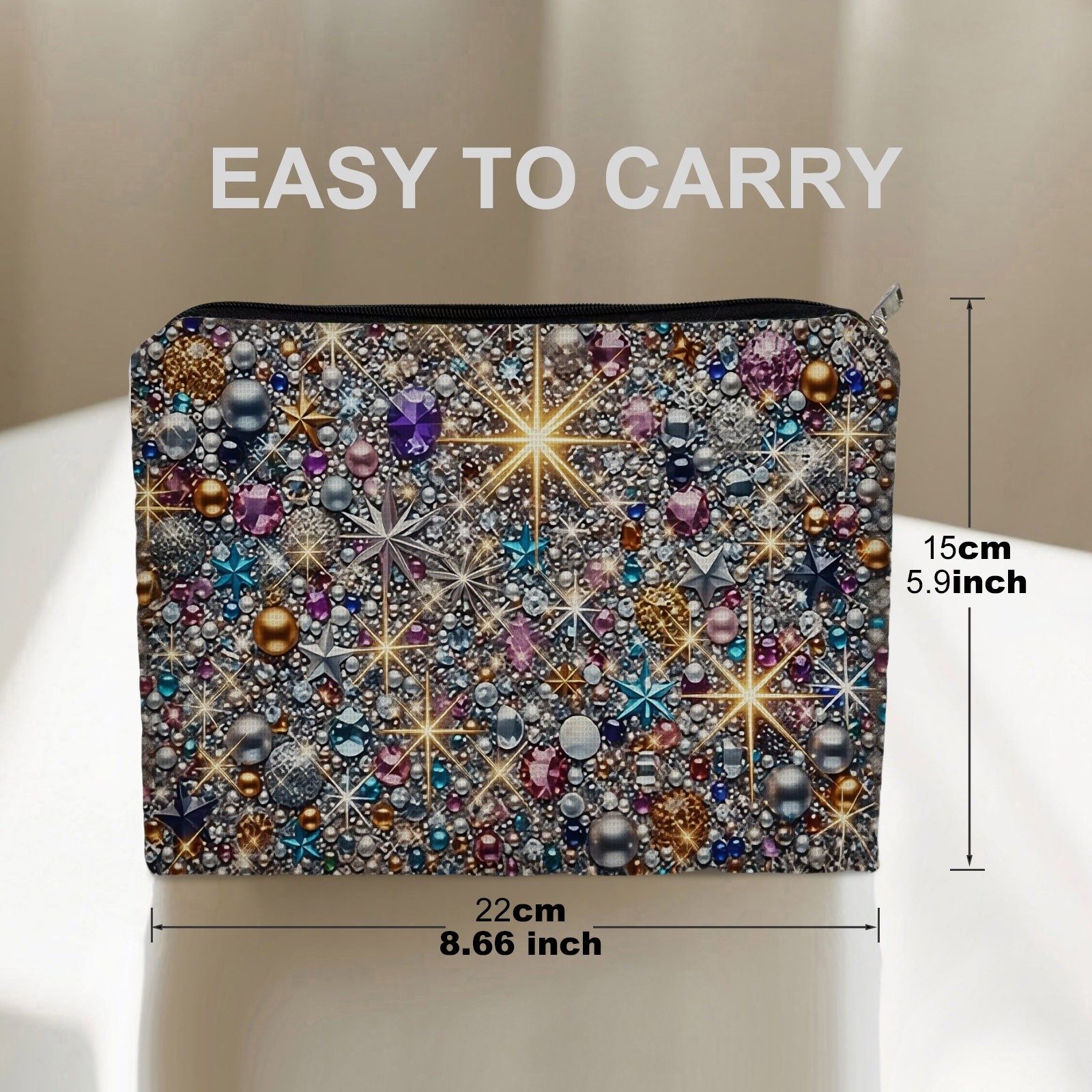 TEMU Neceser de Maquillaje de Cara con Diseño de Gemas Brillantes y Estrellas Coloridas, Bolsa Cosmética de Poliéster Duradero que Mide 5.9In X