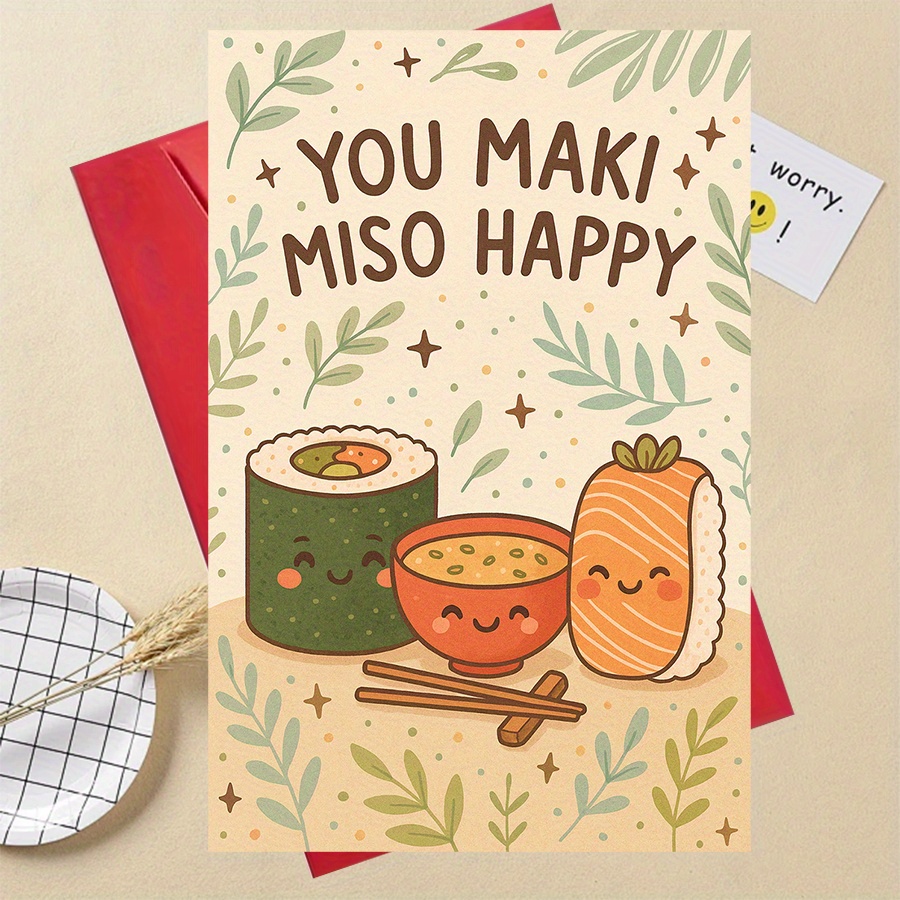TEMU Tarjeta de felicitación con temática de sushi "You Maki Happy" con sobre - para , aniversarios o para alegrar de , con personajes de sushi de