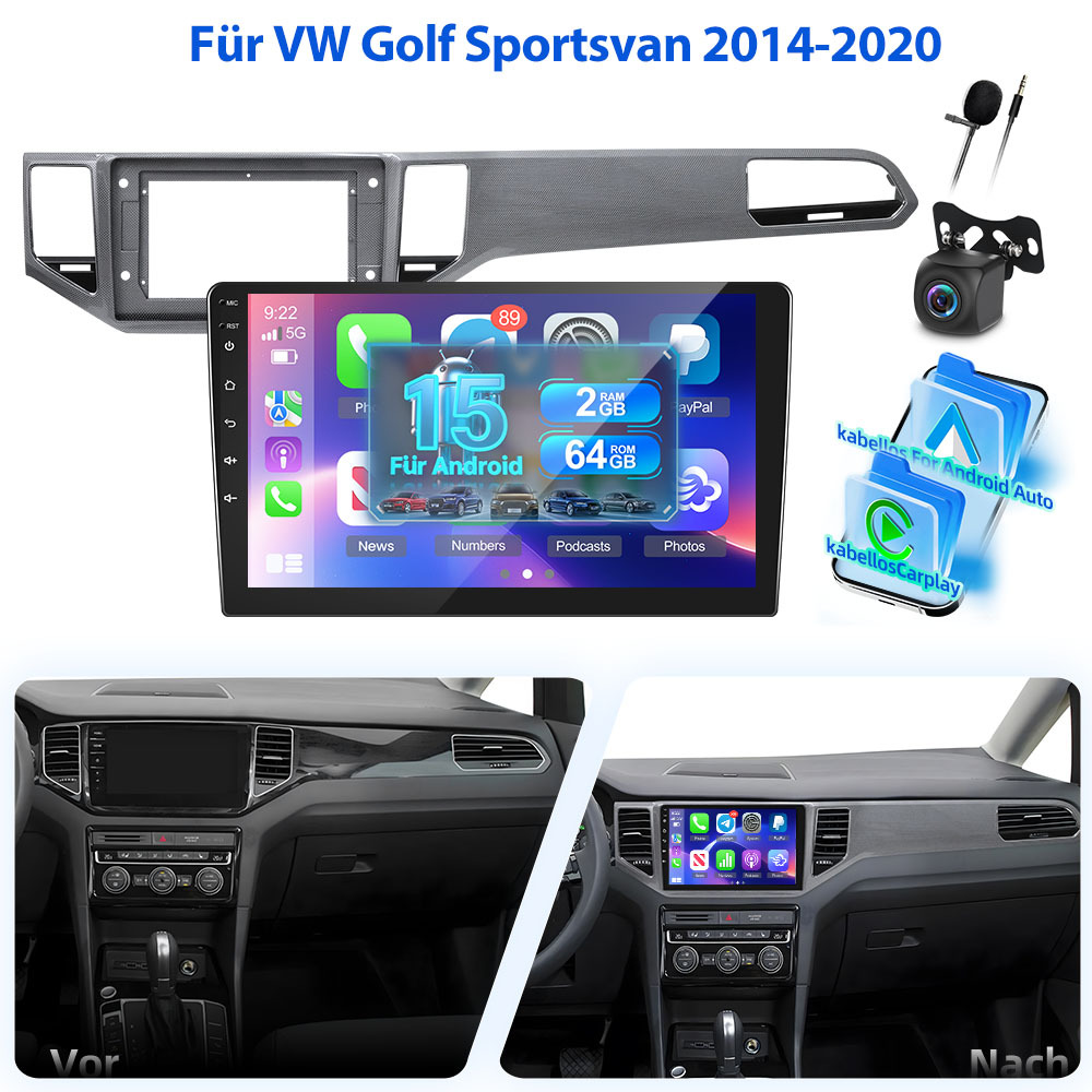 15 Car Radio 2gb+64gb For Vw Golf 2014-2020 | 10.1 Inch .5d Touch Screen With Gps, Wifi, Eq, Bt, Swc, Fm Rds, Camera And Mic, Auto, Room Electrical/hard Wiring Power