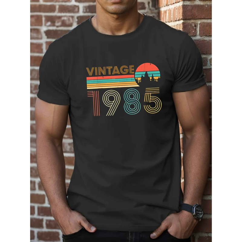 

Vintage 1985 Men's Graphic T-shirt - Casual Black Polyester Tee With Geometric Print, Round Neck, Machine Washable For Summer, Summer Casual Wear| Shirt|knit Construction