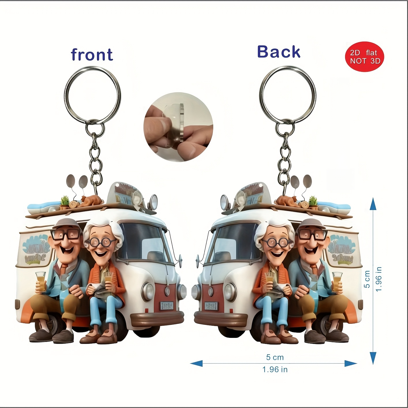 2d Flat, 2d Flat Acrylic Keychain, Featuring An Elderly Couple Traveling Rv, Suitable For Bag Charms, 2d Flat