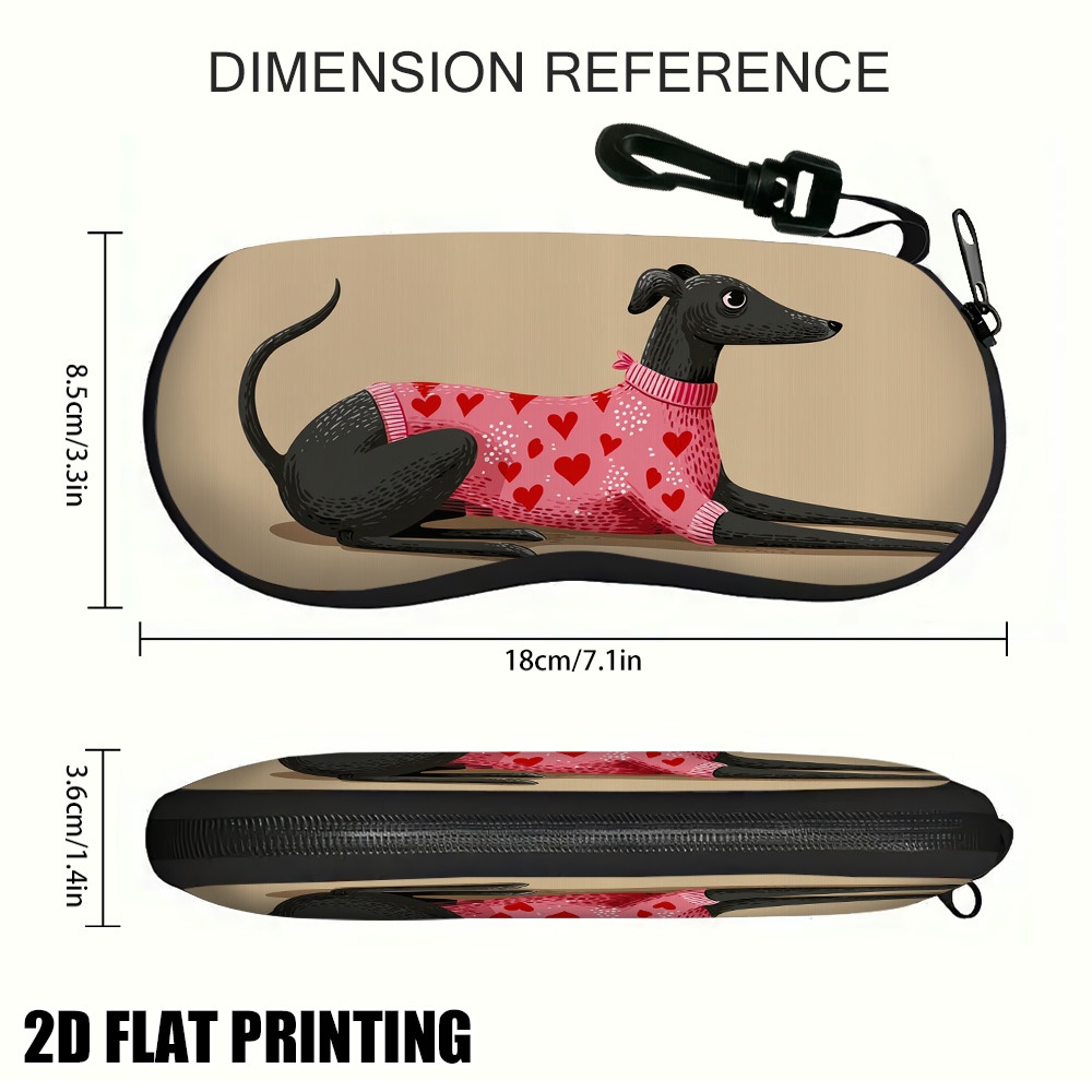 TEMU 1pc Greyhound Hearts Eyeglass Case Suitable For Casual Attire, Portable Zipper Closure Glasses Holder With Zipper & Greyhound Print Design,