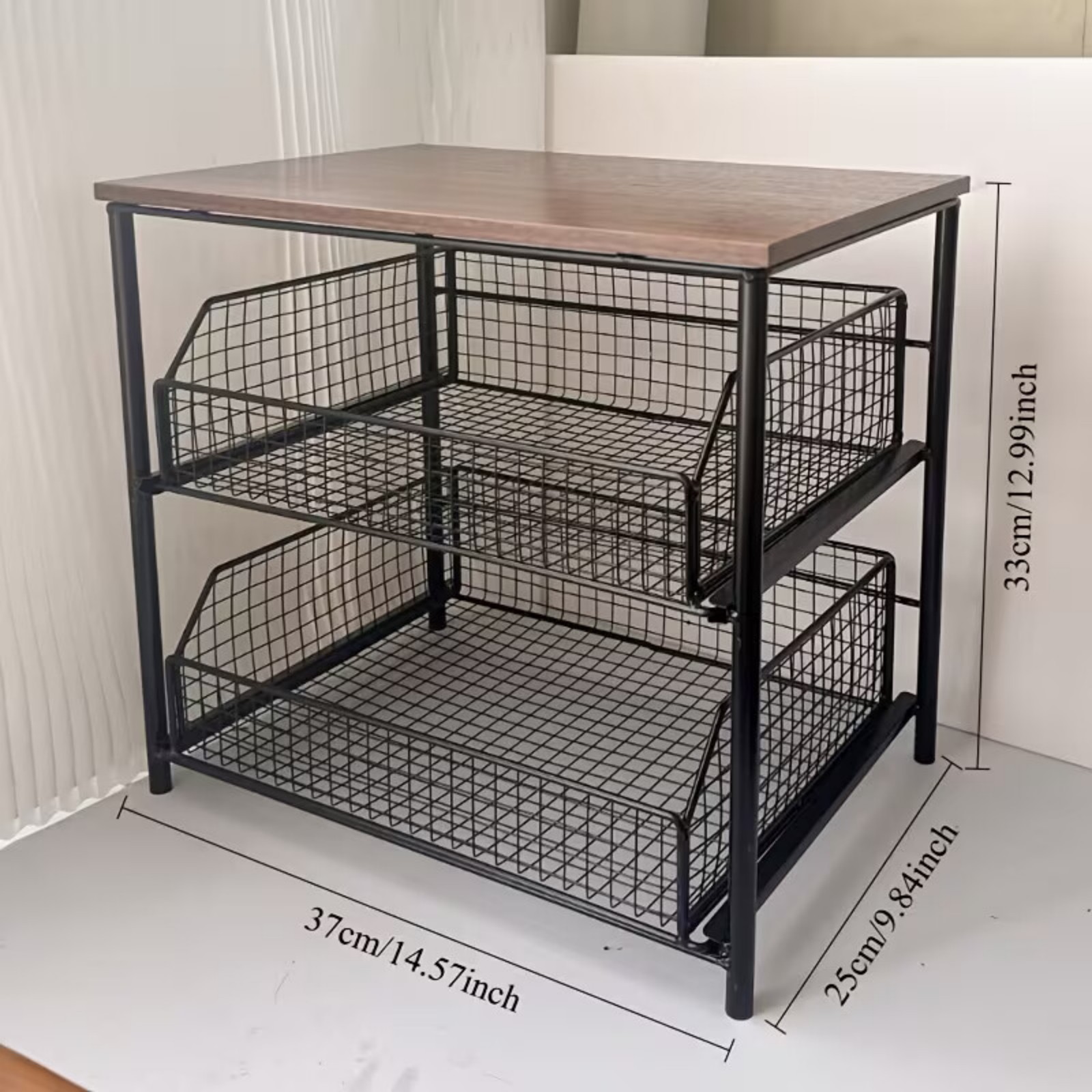 Image of Kitchen Countertop Storage Rack With 2 Sliding Metal Basket Drawers, Solid Wood And Metal Organizer Stand For Coffee Machine Microwave Printer, 14. 6x9. 8x13 Inches No Power Needed