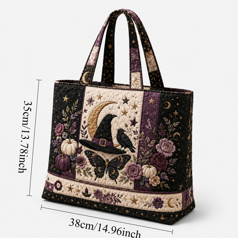 TEMU Women's Large Retro Quilted Tote Bag With Crow & Sticker Print - Gothic Messenger Bag, Zipper Closure Suitable For Halloween, Commuting,, -