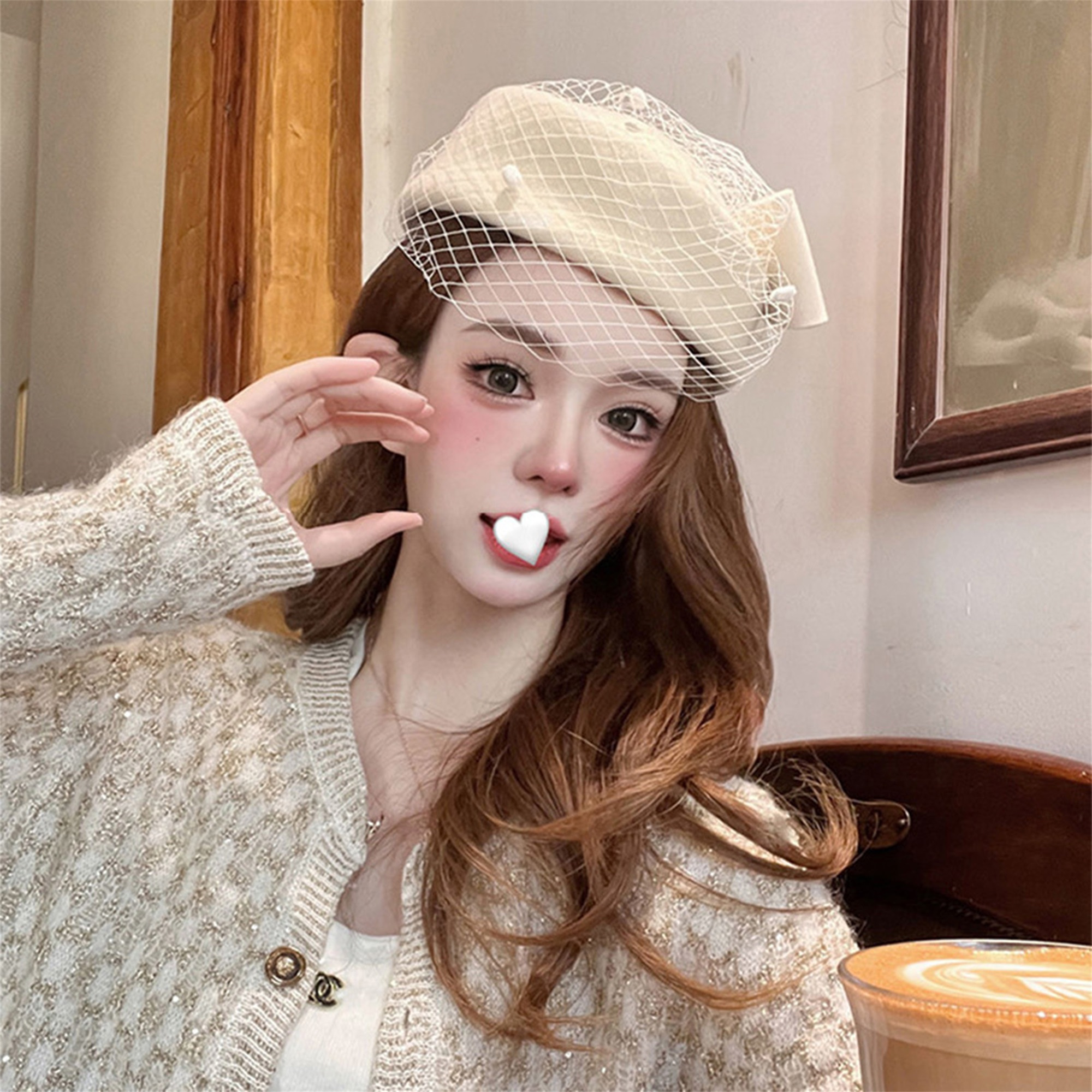 elegant womens beret hat veil pearl embellishments cream - Temu display picture 3
