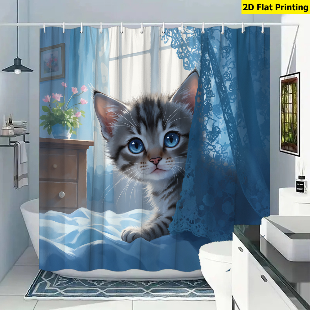 TEMU 2d Flat, 2d Curtain, 1pc, Tabby Kitten Peeking From Blue Curtains, Bathroom Curtain With Fun Animal Print For Home Decor, Suitable For Bathtubs