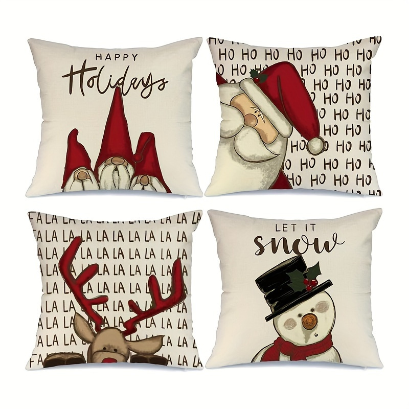 TEMU 4pcs Christmas Holiday Printed Pillowcases, Cartoon Reindeer Santa Claus Snowman Elements, Modern Cartoon Decor, Holiday Decorative Pillowcase,