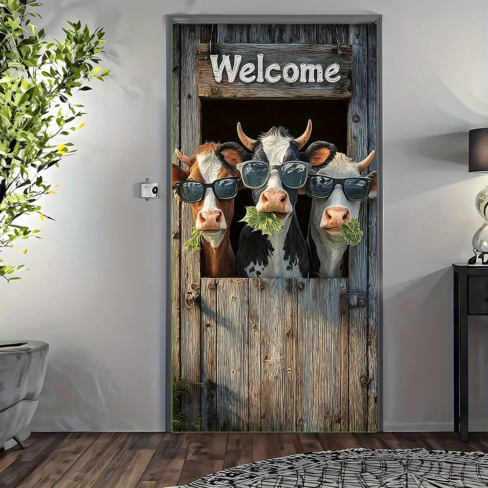 TEMU 2d Flat, 2d Door Banner, 1pc Funny Cow Welcome Door Banner With Peeking Cow & Glasses - Detachable Farmhouse Style Suitable For Indoor/outdoor
