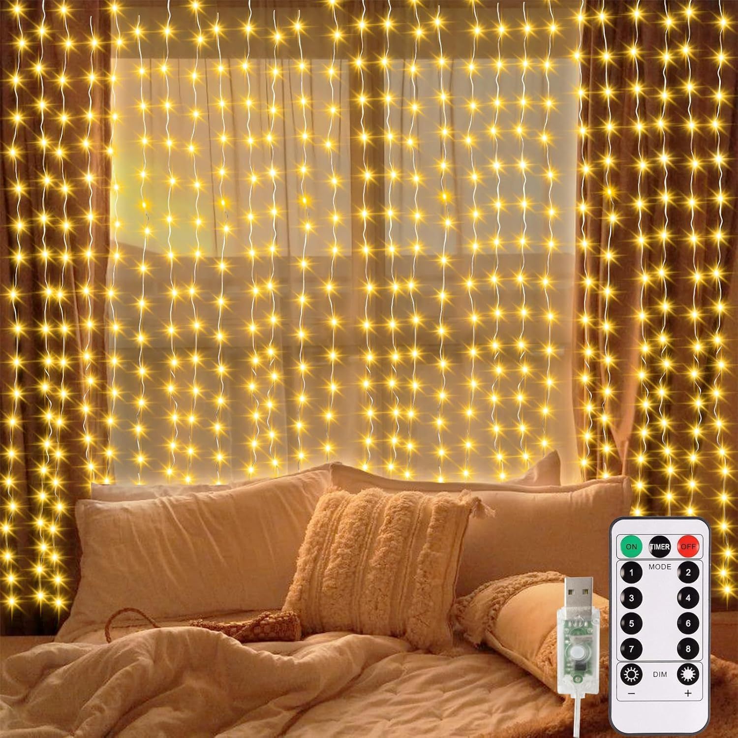 TEMU Curtain Lights, 300 Led Fairy Curtain Lights With Remote Timer, Usb Powered Copper Curtain String Lights 9.8ft X 9.8ft For Bedroom Window Christmas Wedding Decor (warm White)