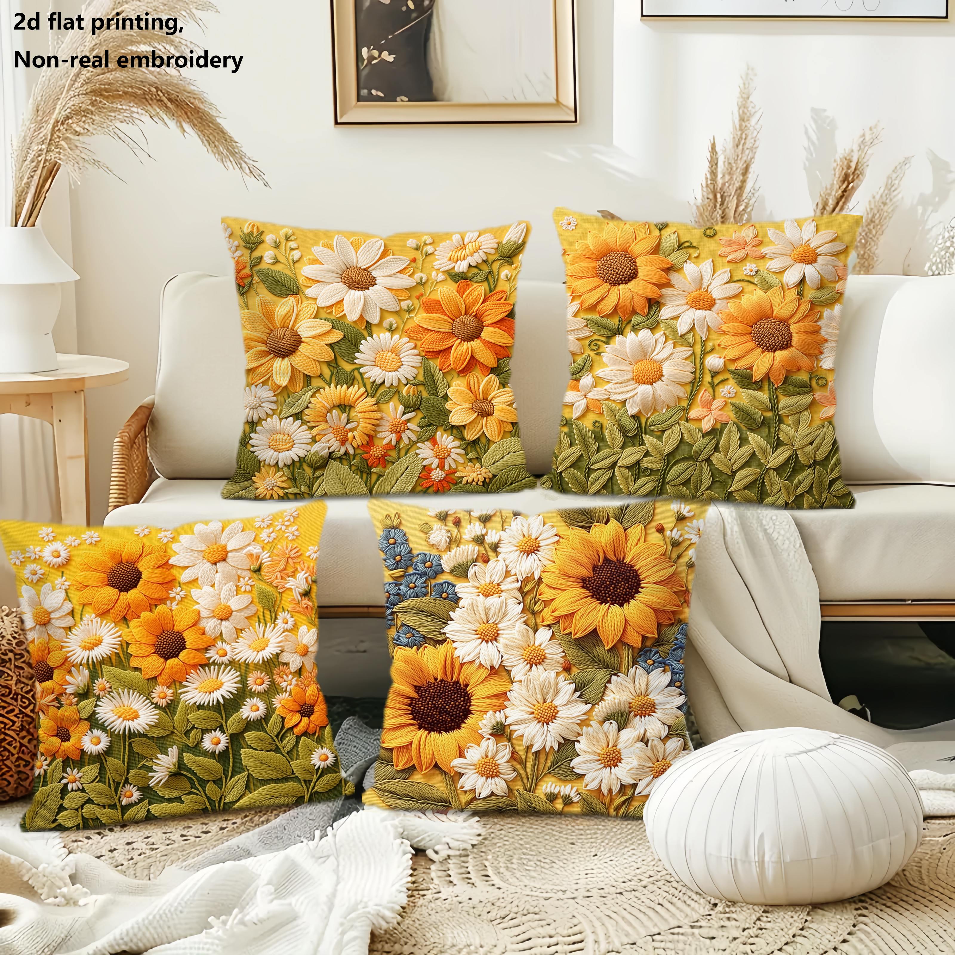TEMU 2d Flat - 4pcs Throw Pillow Cover Set, 2d Flat Printing, Non-real Embroidery, Country Style, Watercolor Sunflower And Daisy Pattern, Embroidery